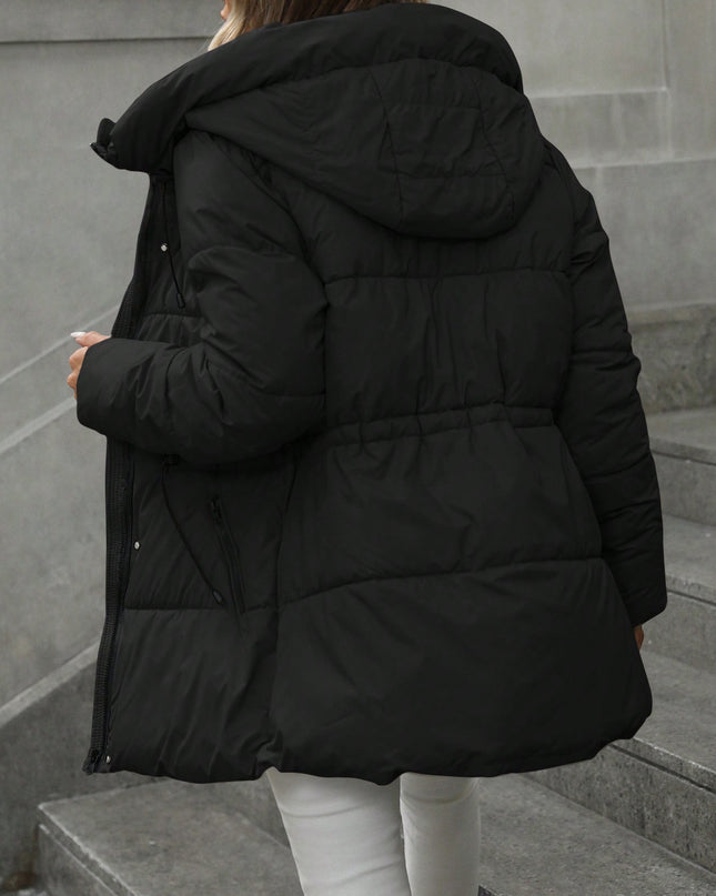 demure Casual Adjustable Waist Quilted Mid-Length Hooded Padded Coat Clothes For Women