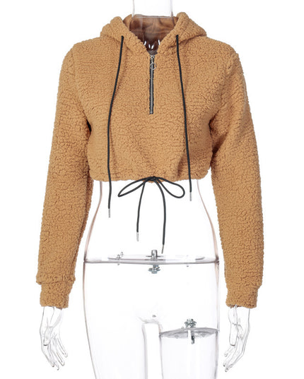 demure Hoodie Lambswool Teddy Faux Fur Sweatshirt Long Sleeve Zip Up Crop Top Women Winter Fall Clothes Cute Streetwear