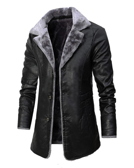 demure Plush Lapel Leather  Coat For Men