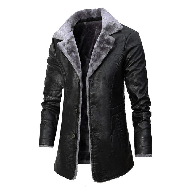 demure Plush Lapel Leather  Coat For Men