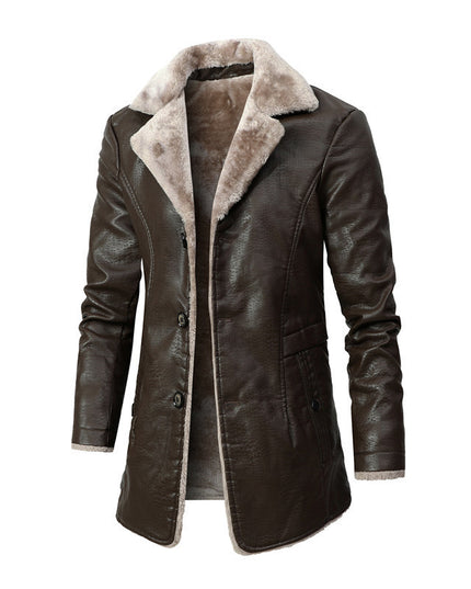 demure Plush Lapel Leather  Coat For Men