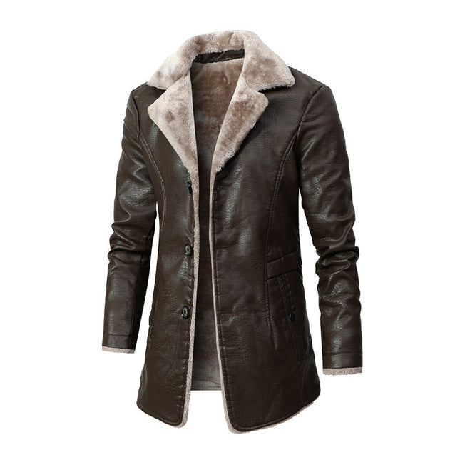 demure Plush Lapel Leather  Coat For Men