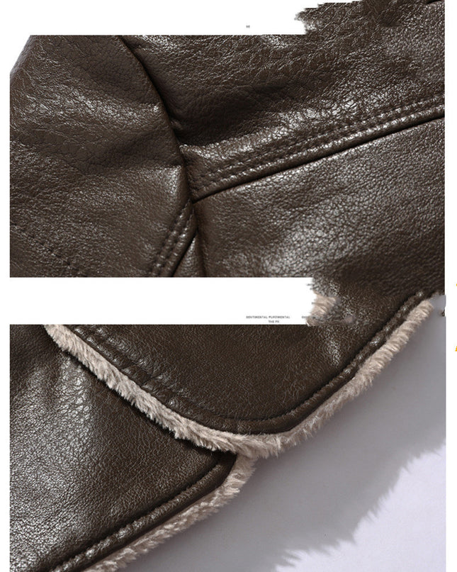 demure Plush Lapel Leather  Coat For Men