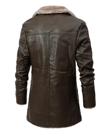 demure Plush Lapel Leather  Coat For Men