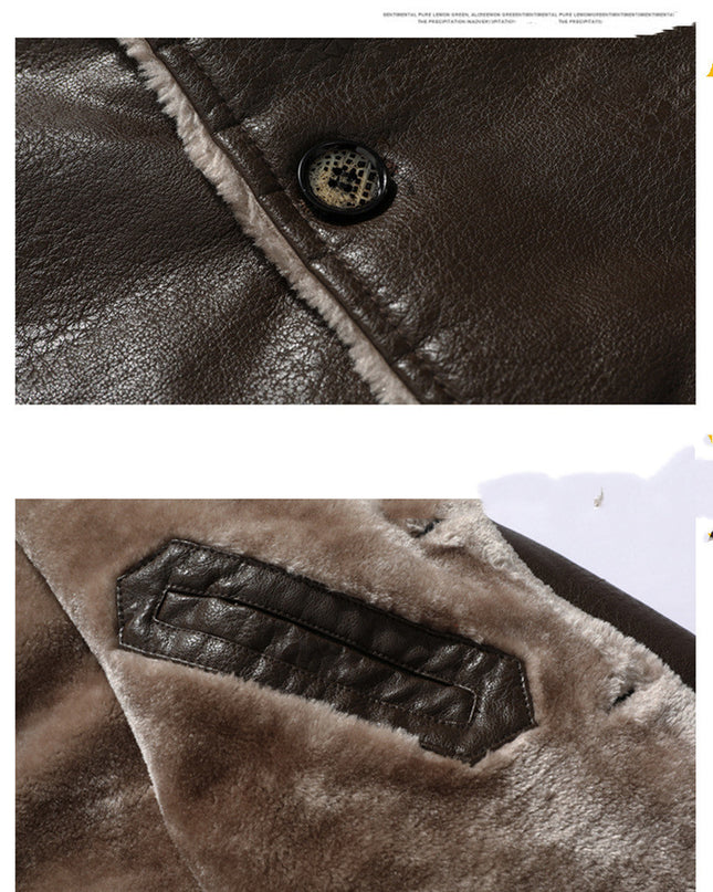 demure Plush Lapel Leather  Coat For Men