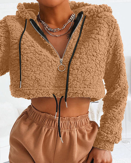 demure Hoodie Lambswool Teddy Faux Fur Sweatshirt Long Sleeve Zip Up Crop Top Women Winter Fall Clothes Cute Streetwear