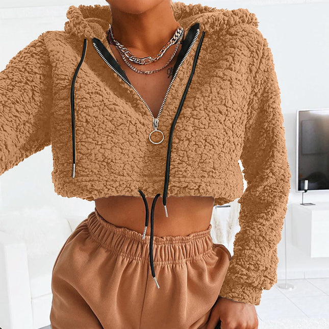 demure Hoodie Lambswool Teddy Faux Fur Sweatshirt Long Sleeve Zip Up Crop Top Women Winter Fall Clothes Cute Streetwear