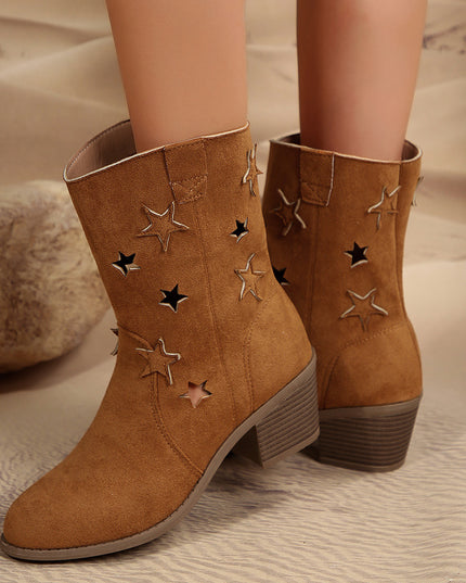 Demure savage Boots With Hollow-stars Design Retro Pointed-toe Square Heel Western