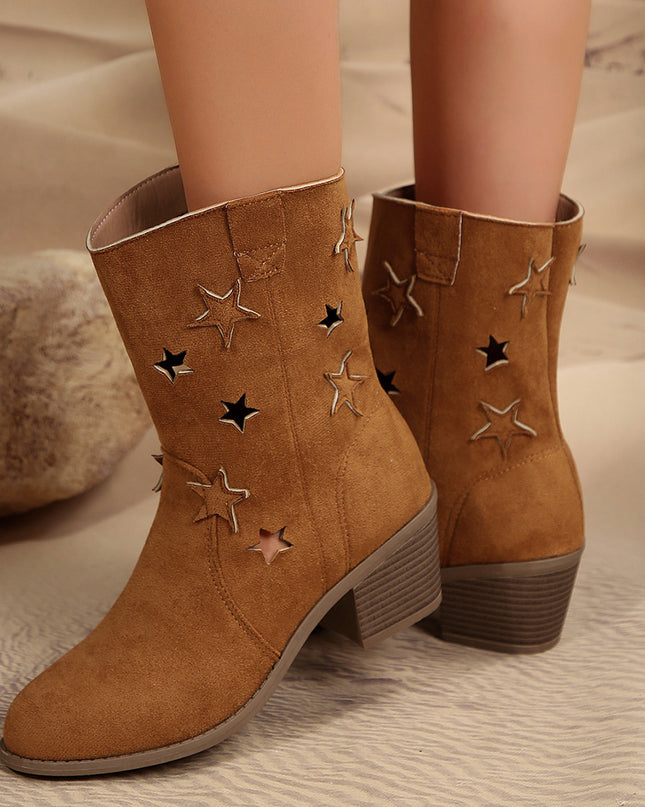 Demure savage Boots With Hollow-stars Design Retro Pointed-toe Square Heel Western