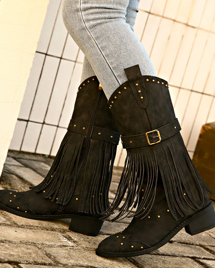 Demure savage Retro Tassel Boots With Rivet Strap Buckle Design
