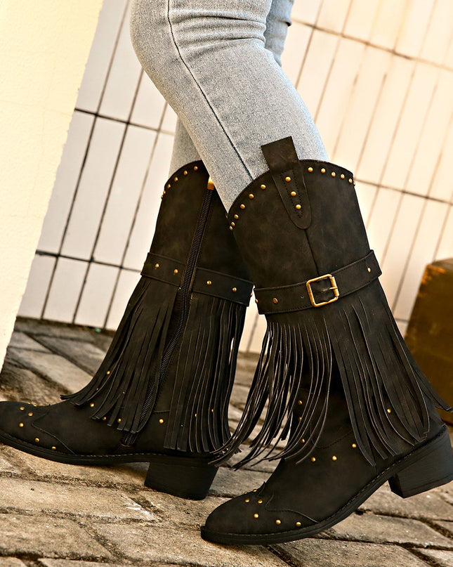 Demure savage Retro Tassel Boots With Rivet Strap Buckle Design