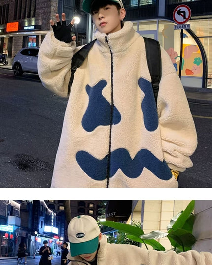 Demure  Winter Fleece-lined Thickening Embroidery Lamb Wool Coat For Men