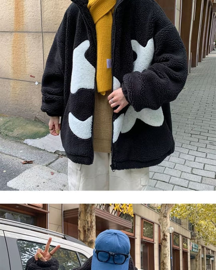 Demure  Winter Fleece-lined Thickening Embroidery Lamb Wool Coat For Men