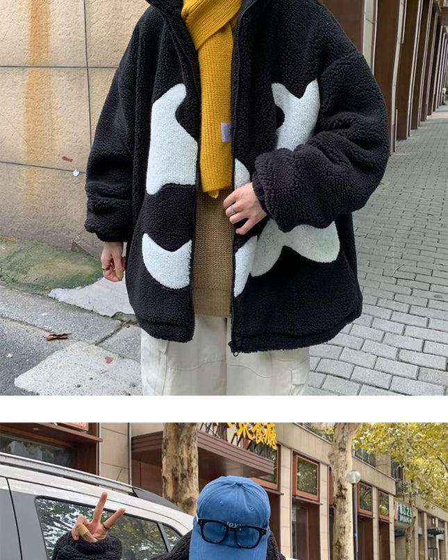 Demure  Winter Fleece-lined Thickening Embroidery Lamb Wool Coat For Men