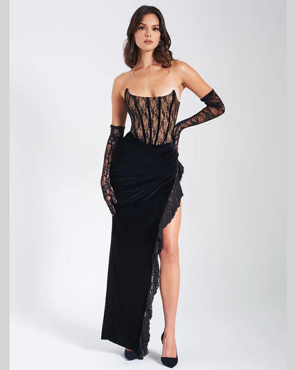 Jadore demure Sexy Lace Velvet Patchwork Dress