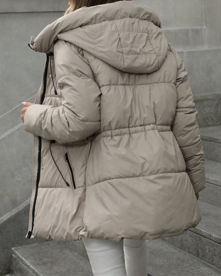 demure Casual Adjustable Waist Quilted Mid-Length Hooded Padded Coat Clothes For Women