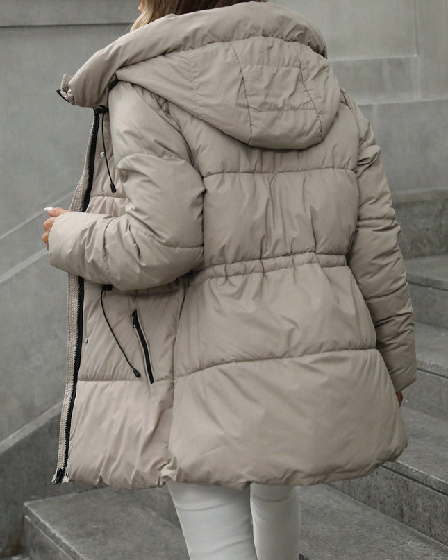 demure Casual Adjustable Waist Quilted Mid-Length Hooded Padded Coat Clothes For Women