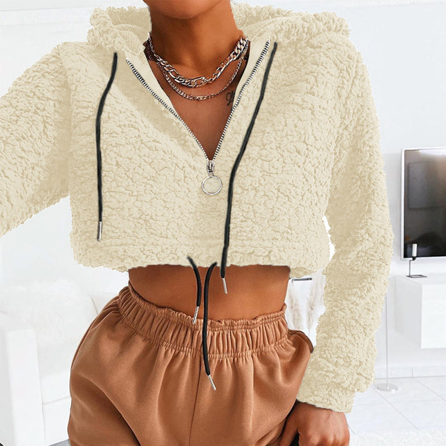 demure Hoodie Lambswool Teddy Faux Fur Sweatshirt Long Sleeve Zip Up Crop Top Women Winter Fall Clothes Cute Streetwear