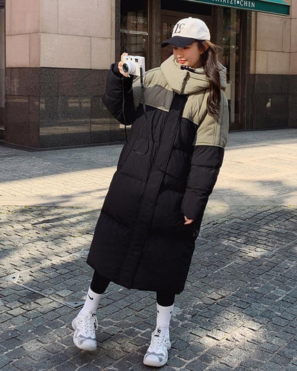 demure Women's Mid-length Loose Contrast Patchwork Down Cotton-padded coat