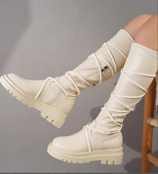 Demure savage Lace-Up  White Long Cowboy Boots