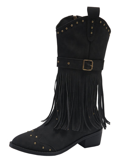 Demure savage Retro Tassel Boots With Rivet Strap Buckle Design