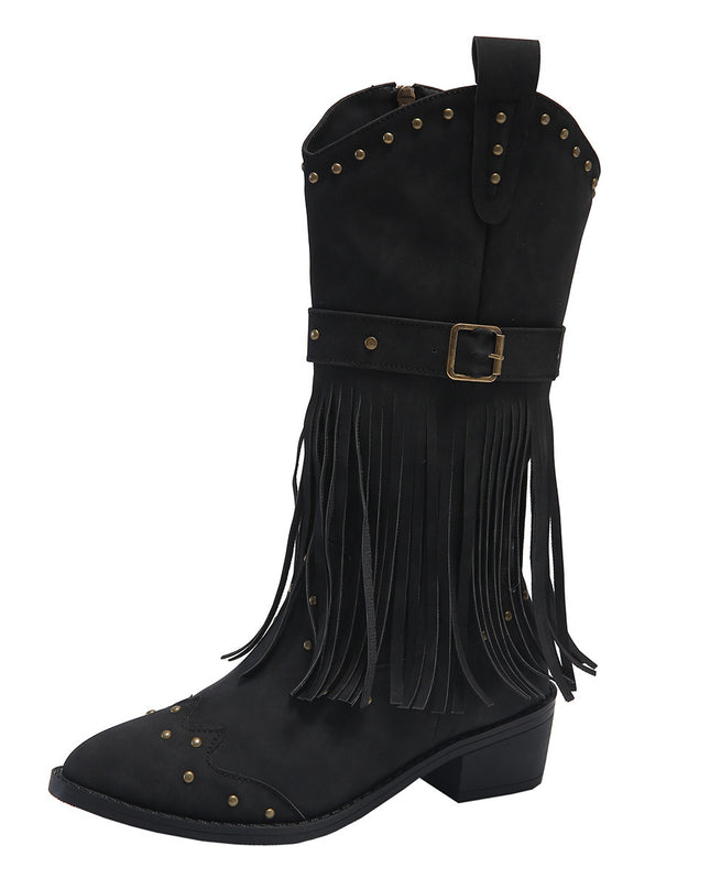 Demure savage Retro Tassel Boots With Rivet Strap Buckle Design