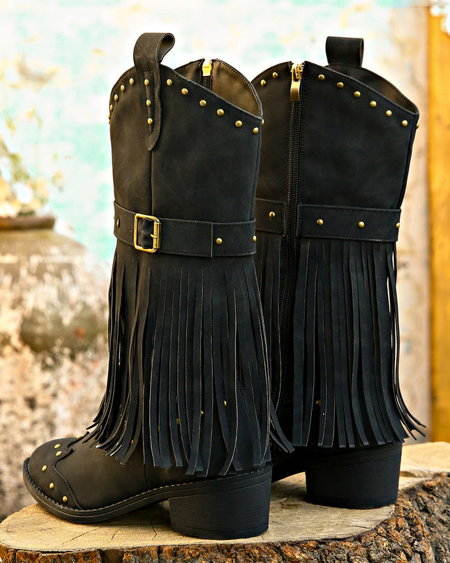Demure savage Retro Tassel Boots With Rivet Strap Buckle Design