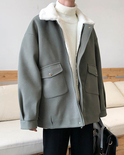 demure Lamb Plush Woolen Coat For Men,