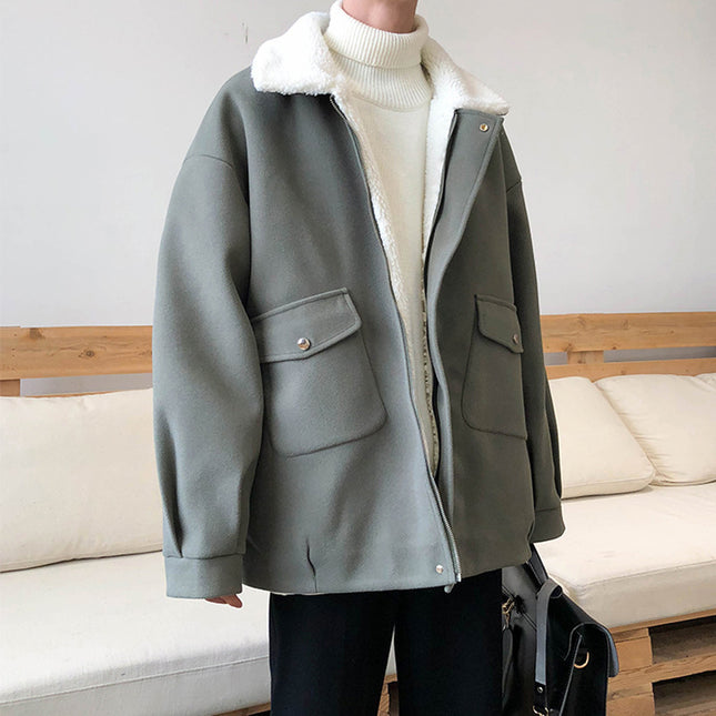 demure Lamb Plush Woolen Coat For Men,