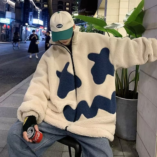 Demure  Winter Fleece-lined Thickening Embroidery Lamb Wool Coat For Men