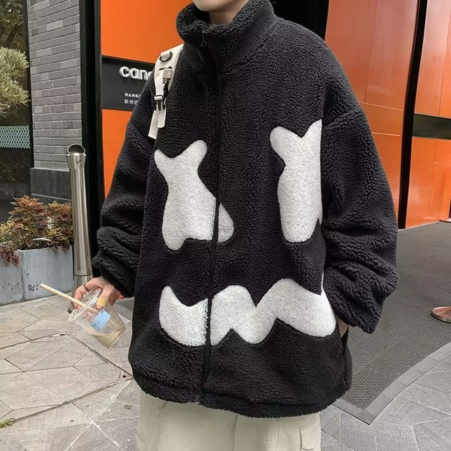 Demure  Winter Fleece-lined Thickening Embroidery Lamb Wool Coat For Men