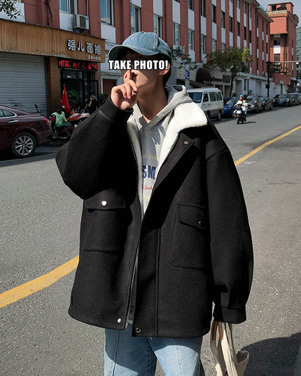 demure Lamb Plush Woolen Coat For Men,