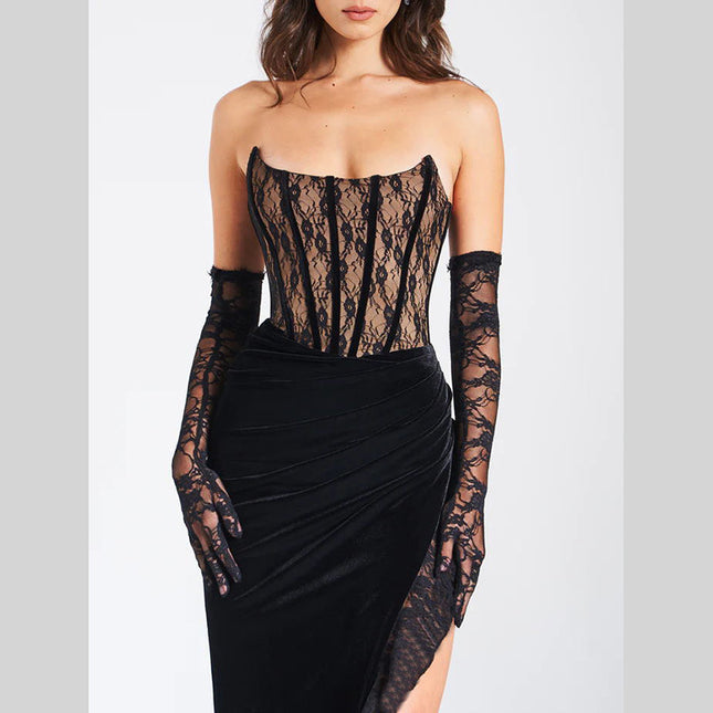 Jadore demure Sexy Lace Velvet Patchwork Dress