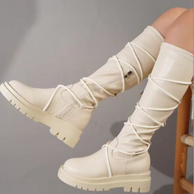 Demure savage Lace-Up  White Long Cowboy Boots