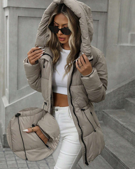 demure Casual Adjustable Waist Quilted Mid-Length Hooded Padded Coat Clothes For Women