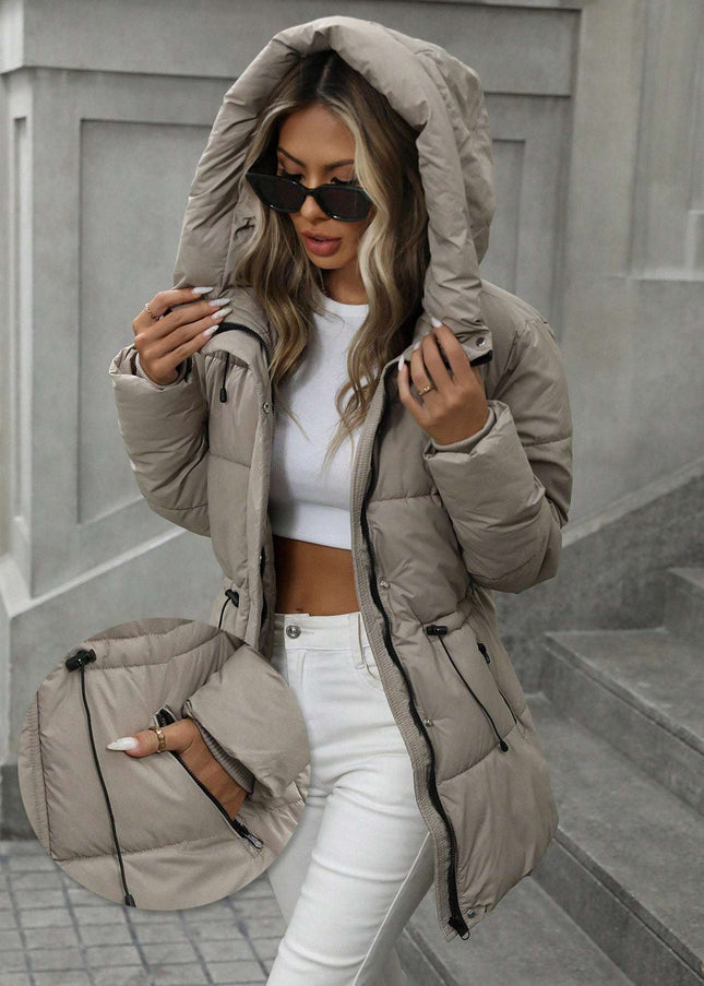 demure Casual Adjustable Waist Quilted Mid-Length Hooded Padded Coat Clothes For Women