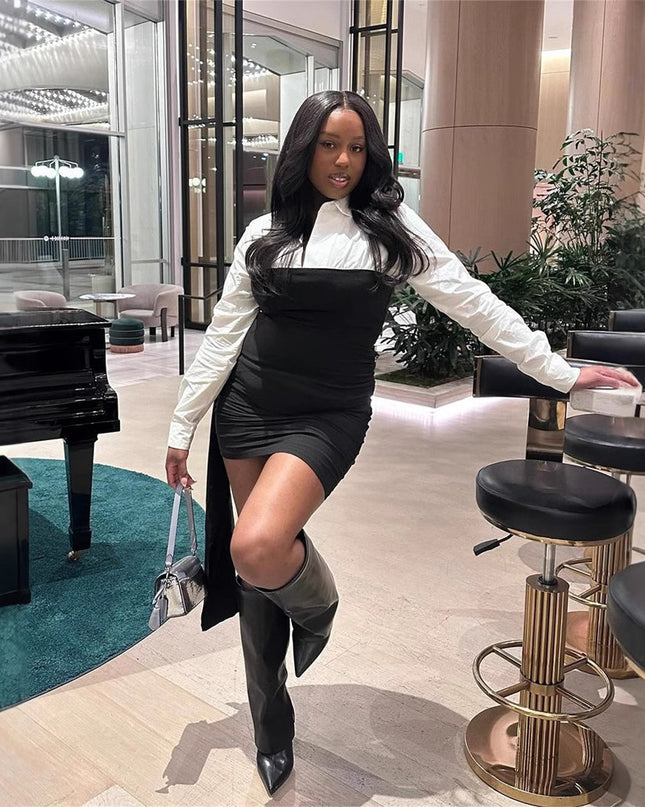 Jadore demure Women Contrast Patchwork Lapel Dress