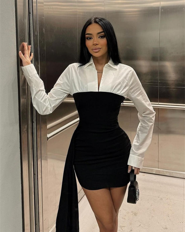 Jadore demure Women Contrast Patchwork Lapel Dress