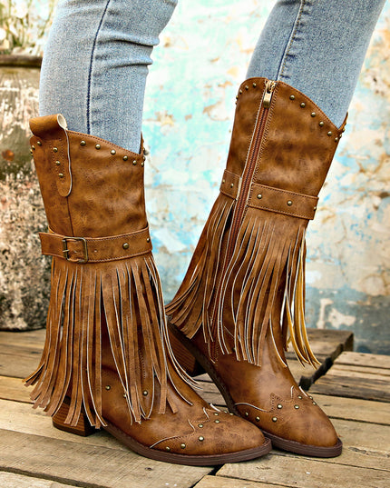 Demure savage Retro Tassel Boots With Rivet Strap Buckle Design