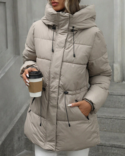 demure Casual Adjustable Waist Quilted Mid-Length Hooded Padded Coat Clothes For Women