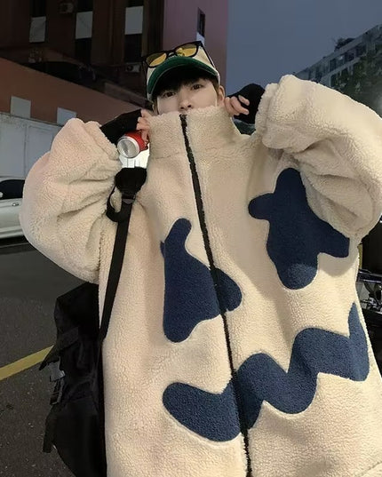 Demure  Winter Fleece-lined Thickening Embroidery Lamb Wool Coat For Men