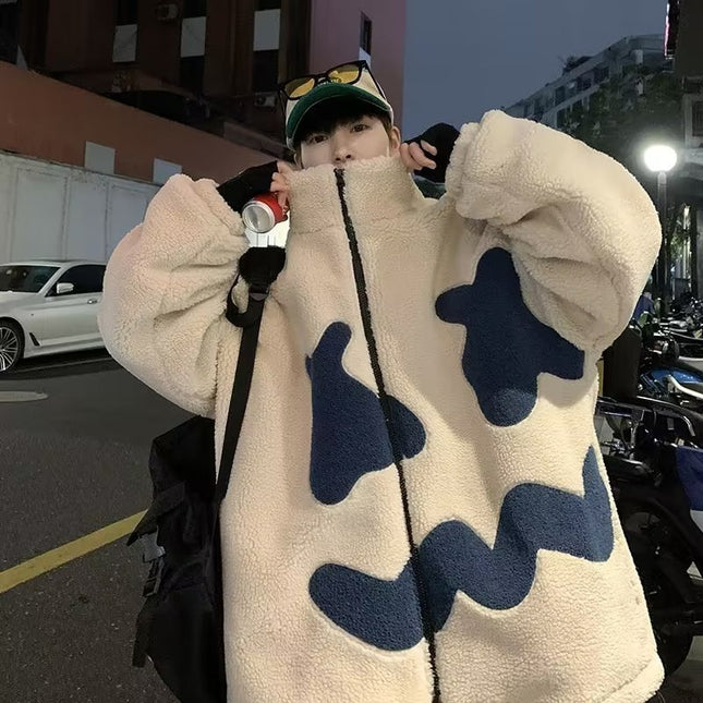 Demure  Winter Fleece-lined Thickening Embroidery Lamb Wool Coat For Men