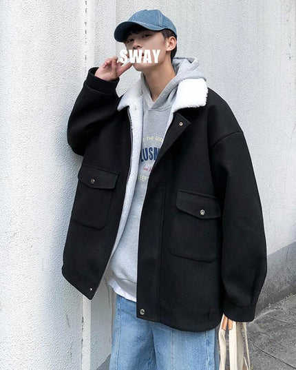 demure Lamb Plush Woolen Coat For Men,