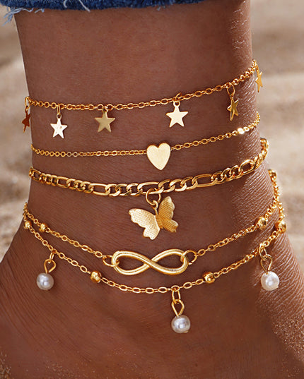 Demure belldoir Butterfly Pearl Heart Anklet 4-piece