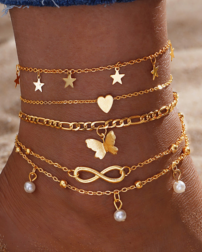Demure belldoir Butterfly Pearl Heart Anklet 4-piece