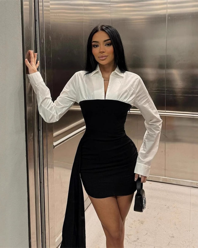 Jadore demure Women Contrast Patchwork Lapel Dress