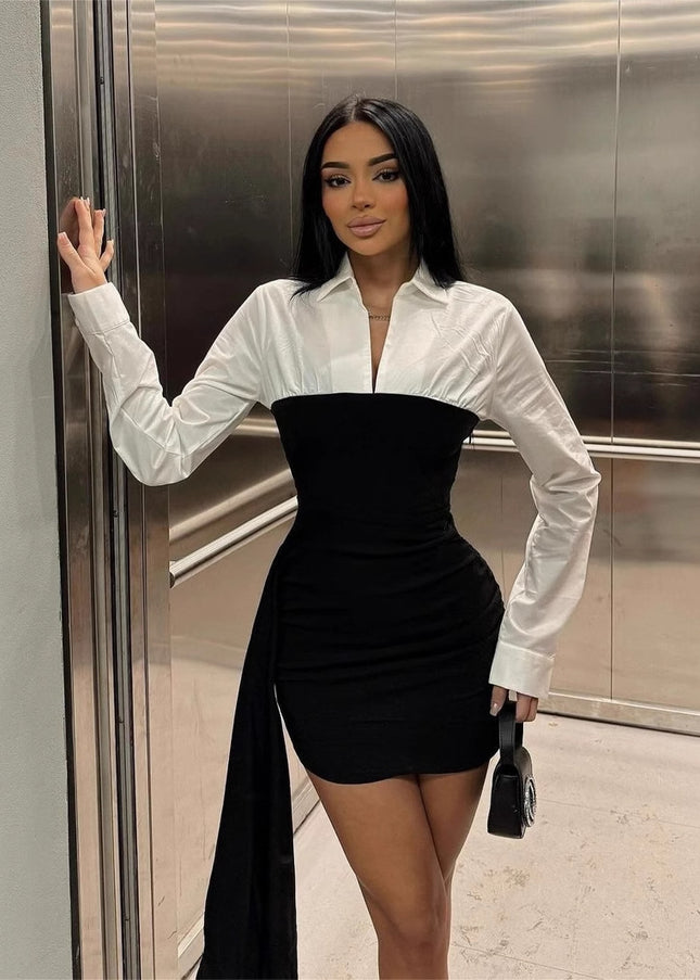 Jadore demure Women Contrast Patchwork Lapel Dress