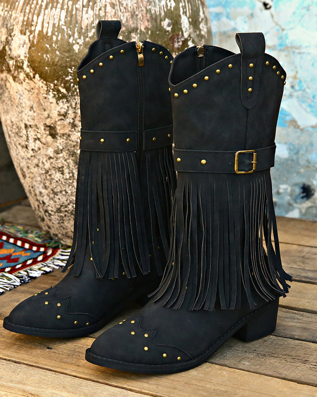 Demure savage Retro Tassel Boots With Rivet Strap Buckle Design