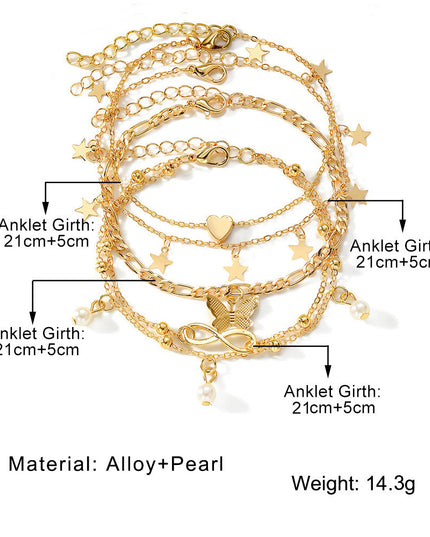 Demure belldoir Butterfly Pearl Heart Anklet 4-piece