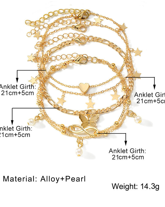 Demure belldoir Butterfly Pearl Heart Anklet 4-piece